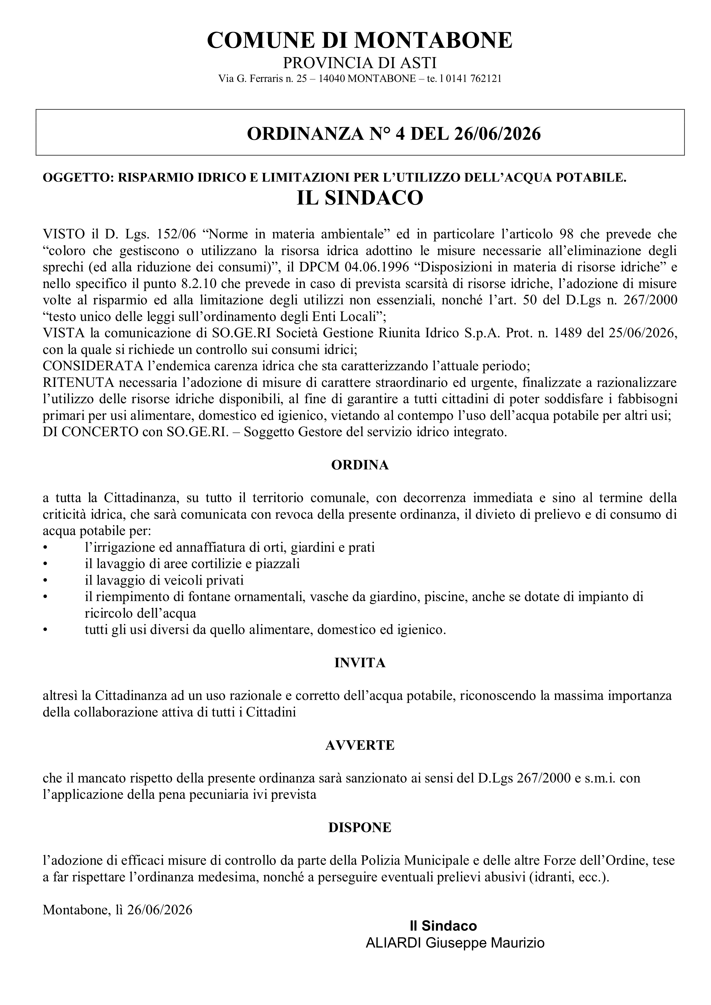 Ordinanza del Sindaco N. 4 del 26/06/2026 - Risparmio Idrico e Limitazioni dell'Utilizzo dell'acqua potabile